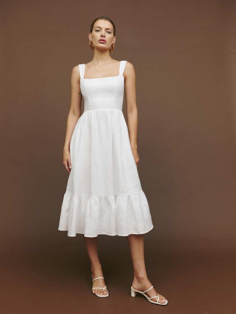 Reformation Bucatini Linen Midi Dress White Scoop Neck Tiered Ruffle Size 2